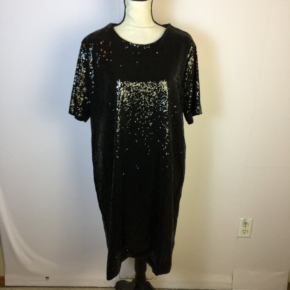 New! GAP Mini Shift Dress XXL 2XL Womans Black Sequin Short Sleeves Crew Neck